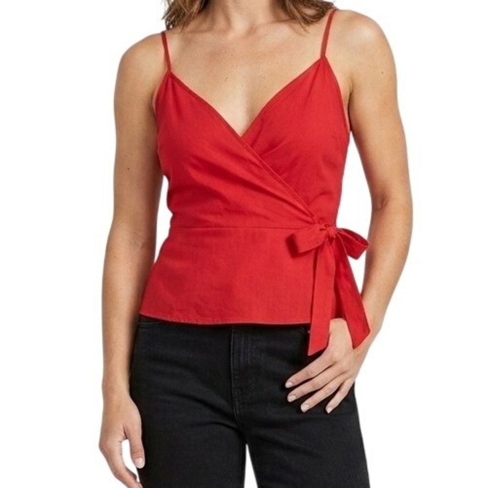 Guess Womens Red Surplice Peplum Tank Top Adjustable Straps Size XL